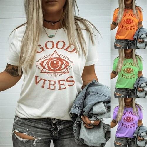 GOOD VIBES Letter Print Women T shirt Funny Eye Graphic Plus Size Casual Harajuku Tshirts Ladies Summer Fashion Clothes Shirt