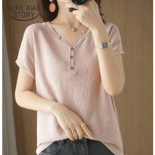 Summer 2021 New Blouse for Women Office Lady Clothing Cotton T-shirt Casual Loose Shirt V-neck Knitted Short Sleeve Blusas 14643