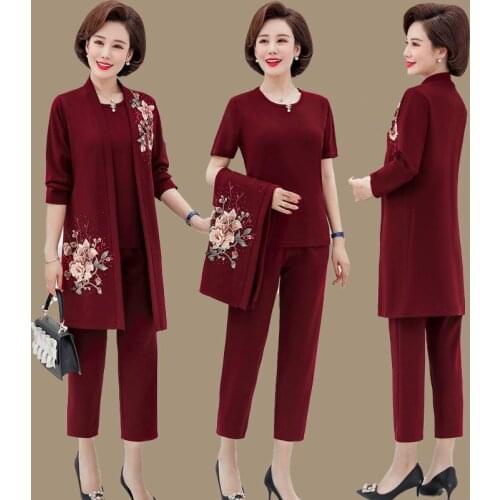 Womens 2021 Spring Autumn Three Piece Sets Floral Printed Long Sleeve Coat + Short Top and Loose Pants Suits Large Size 5XL D78