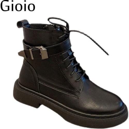 Size34-36 Chunky Motorcycle Boots For Women Autumn Fashion Round Toe Lace-up Combat Boots Ladies Shoes