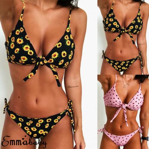 Sexy Bowknot Summer Women Bikini Set 2020 New Floral Print Bandage Push-Up Padded Bikini Swimwear Swimsuit Brazilian Biquni