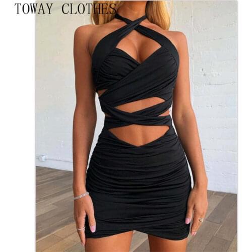 Women Summer Plain Ruched Cutout Skinny Bodycon Dress Halter Hot Bandage Dress