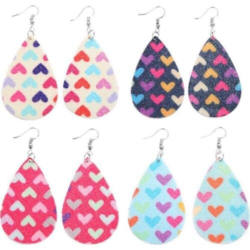 ZWPON 2019 Glitter Leather Teardrop Valentine Heart Earrings for Women Fashion Dangle Heart Earrings Spring Bridesmaid Earrings