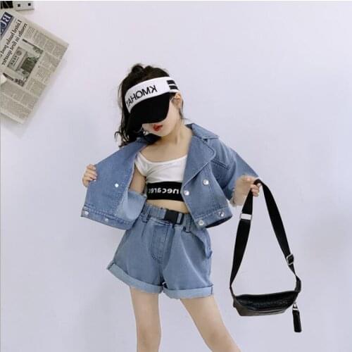2021 Wholesale New Girls 2 Pcs Denim Set Coat+Shorts With Belt Spring Summer Girls Suits 2-7t QA720