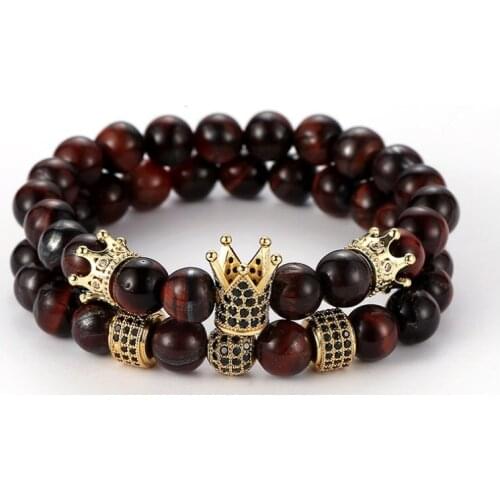 8mm 2PCS/Set th43 elastic adjusted nature red Tigereye bead micro pave cz zircon cubic zirconia Macrame Charm Crown Bracelet