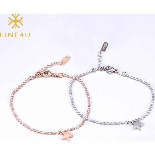 FINE4U Rose Gold Color Star Charm Anklet Boho Beach Cute Tiny Lucky Star Foot Chain Ankle Beaded Chain Anklet for Women A02946