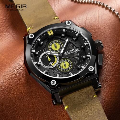 Megir Luxury Sports Military Quartz Watches Leather Strap Chronograph Wristwatch for Man 3 atm Waterproof Relogios 2098 Black