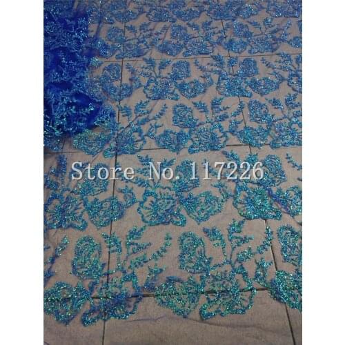 Pretty blue color glitter french net lace fabric glued glitter african Tulle lace JRB-3272 for women party dress