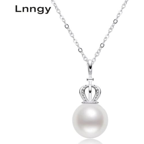 Lnngy 925 Sterling Silver Necklace 9-10mm Natural Freshwater Pearl Crown Pendant Necklace Women Anniversary Party Jewelry Gifts