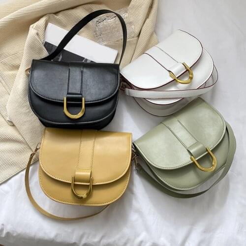 Fashion Women Solid Color Saddle Shoulder Bags Vintage Simple Flap PU Leather Underarm Bag Female Semicircle Handbag Saddle Bag