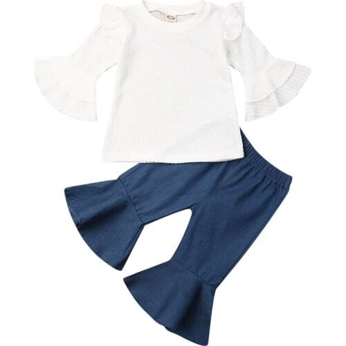 Fashion Newborn Baby Girls Cotton Outfits Sets White Trumpet Sleeve Top+Flared Trousers Pants 1-6Y