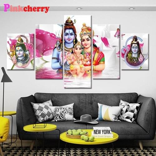 Multi Panel 5D Diy Full Square round Diamond Painting Cross Stitch Shiva Indian Art Hindu God Pink Rose Diamond Embroidery 5 pcs