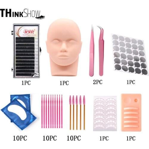 THINKSHOW Individual Eyelash Extension Training Kit Practice Model Head Eye Pads Tweezers Glue Ring Brush Grafting Eyelash Tools