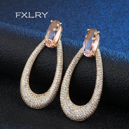 FXLRY New Creative Cubic Zirconia Pave big Ellipse Stud Earrings for Women Big Earrings Jewelry