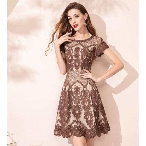 4xl Dress Vestidos De Fiesta 2020 Autumn Party Cocktail Women Allover Appliques Embroidery Short Sleeve Slim Fit A-Line Dress