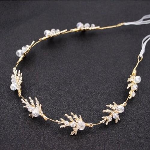 Greek Bridal Wedding Hair Accessories Headdress Gold beaded Leaf Headband Hairband Crown Jewelry Headpiece with ribbon