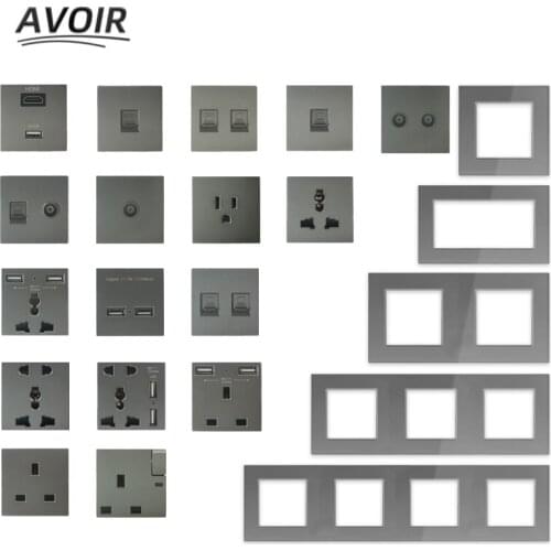 Avoir DIY Free Combination Usb Wall Socket Electrical Outlet TV Network Internet rj45 HDMI Sockets Function Key Gray Glass Panel