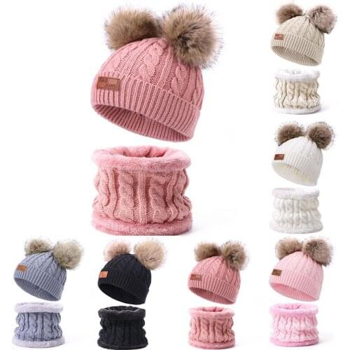 New Warm Beanies Hat For Girl Ring Scarf Pompoms Winter Hats Knitted Caps Scarf 2 Pieces Fashion Winter Hat Scarf Set For child