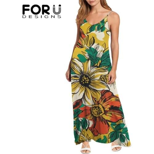FORUDESIGNS Vintage Strappy Maxi Long Dresses for Girls Sunflowers Printing Women Summer Casual Beach Sling Dress Party Sundress