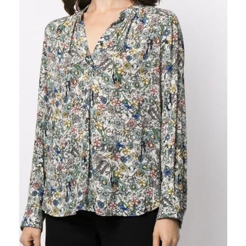 Womens Floral Printed Blouse Pleated100% Viscose V-neck Long Sleeve Casual Loose Shirts 2021 Spring New