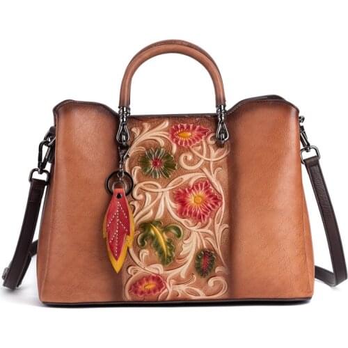 Women Genuine Leather Handbag Top Handle Bag Chinese Style Retro Real Cowhide Female Cross Body Shoulder Tote Messenger Bags