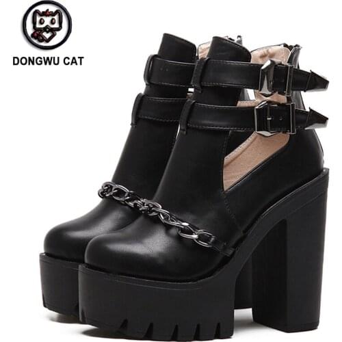Spring Autumn Fashion Ankle Boots For Women High Heels Casual Cut-outs Buckle Round Toe Chain Thick Heels Platform Shoes