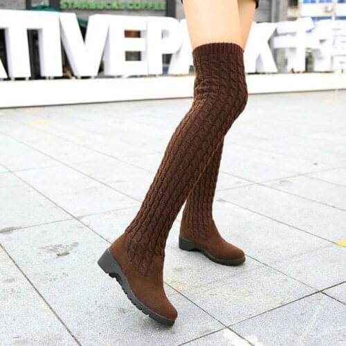 Womens Boots 2019 Autumn Winter Thigh High Boots For Woman Shoes Knitting Wool Long Boot Women Brown/Black Boot Ladies Shoes