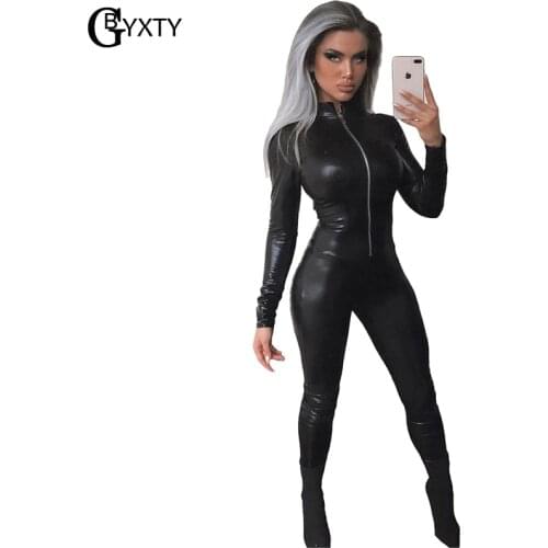 GBYXTY Sexy Skinny Black PU Leather Jumpsuit and Romppers Women Long Sleeve Turtleneck Faux Leather Zipper Jumpsuit ZA1269