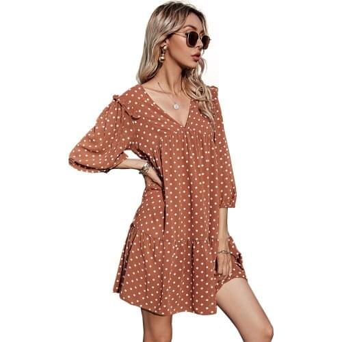 Polka Dots Print Deep V Neck Three Quarter Sleeve Ruffle Chiffon Dress Women Casual Loose Streetwear Beach Party Holiday Dresses