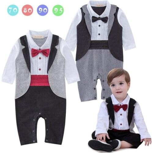 Baby Boy Formal Party Christening Wedding Tuxedo Waistcoat Bow Tie Suit Boy Gentleman Small Lattice Bow Tie Long Sleeve Romper