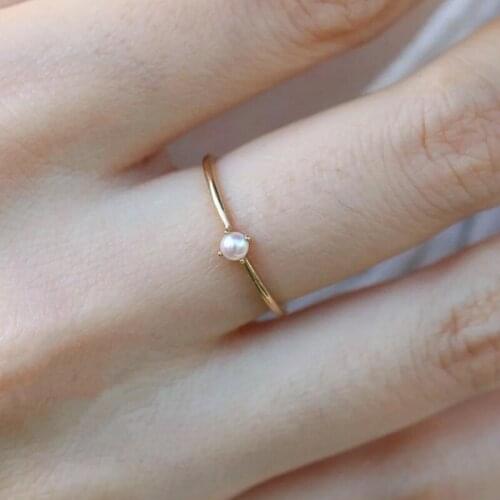 Gold Copper Ring For Women Delicate Mini Pearl Thin Ring Minimalist basic Style Light Yellow Gold Color Fashion Jewelry