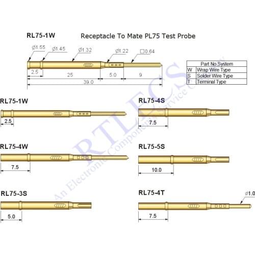 100pcs Receptacle RL75 For Spring Test Probe PL75 Bare PCB 1.91 mm Pitch TIP Length 39.0 mm Socket style to order