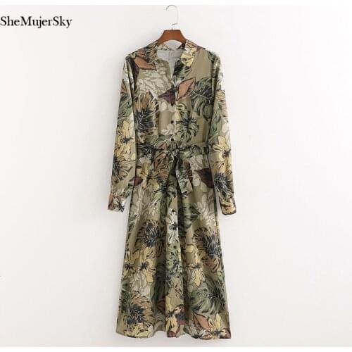 SheMujerSky Bohemian Shirt Dress Leaf Print Midi Dresses With Sashes 2021 Spring Autumn Dress vestidos