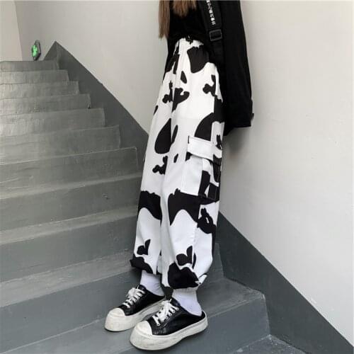 Harajuku Cow Print Harem Pants Women Spring Casual High Waist Straight Pants Streetwear 90s Y2k Joggers Loose Wide Leg Trousers