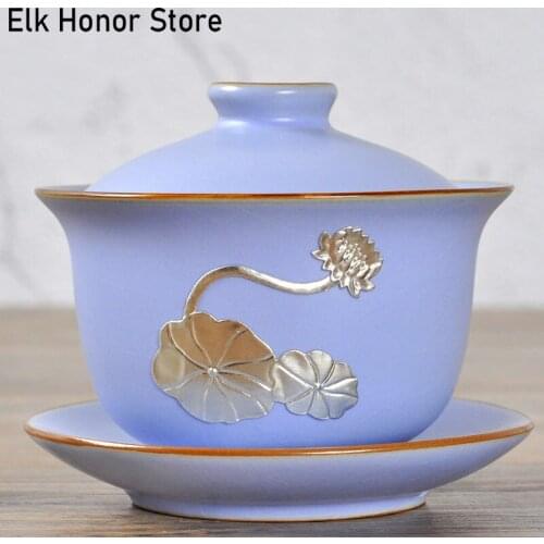 180ml Ru Kiln Ice Cracked Glaze Sancai Covered Bowl Handmade Teahouse Cup Covered Ceramic Kung Fu Tea Set Household Tea Bowl