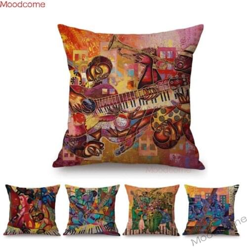 Abrstract Africa Cultural Oil Painting Carving Art Dance Musician Sofa Pillow Case African Drum Music Artist Linen Cushion Cover