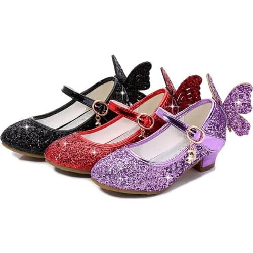 Girls Leather Shoes Princess Shoes Childrens Sequin Butterfly High Heel Sparkling With Light Dancing Shoes