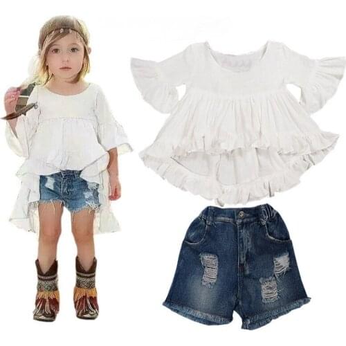 2017 High Quality New Fashion Girls Clothing Kids Clothes Fairy Style Cotton Flounced Sleeves Casual Coat Jeans 2-7YEARS