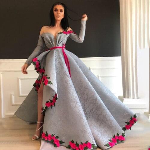 Elegant Asymmetrical Arabic Dubai Flower Lace Prom Dresses Long Sleeves Formal Evening Dress Long Sleeve Party Gowns