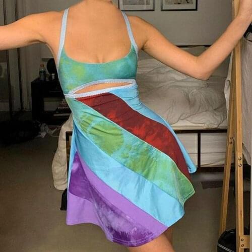 European Sexy Slip Dresses Patchwork Stripe Spaghetti Strap Dress Summer 2021 Front Cut Out Sexy Party Dresses Off Shoulder