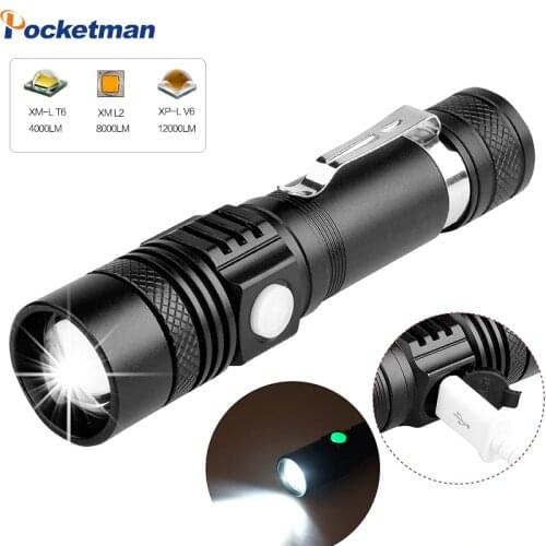 Super Bright Led flashlight USB lantern led torch T6/L2/V6 Power Tips Zoomable Bicycle Light Rechargeable with 18650