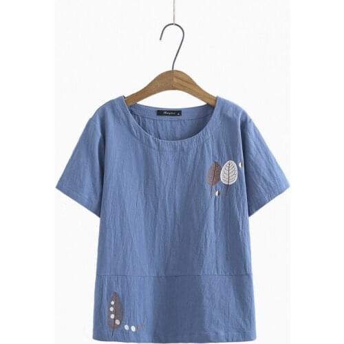 Plus Size XL-4XL Blue Yellow Womens Summer Tshirts Short Sleeve Leaf Embroidery Tops Oversized A-line Shirts