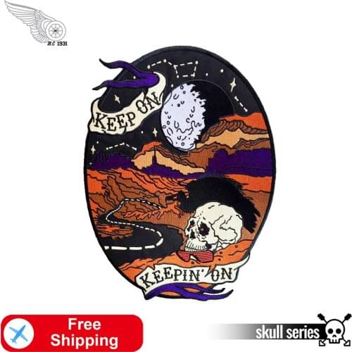 KEEPIN ON Embroidery Patch Moon Skull Badges for Clothing DIY Custom Design Iron on Stickers Back of Jacket Biker Rider Applique