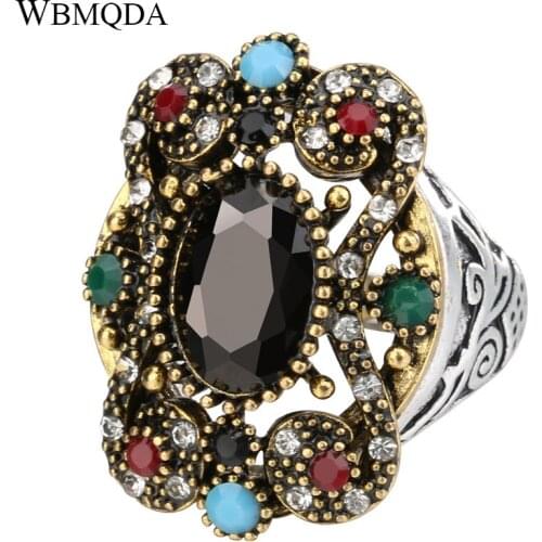 Wholesale Retro Boho Ring Unique Antique Gold Crystal Big Rings For Women Punk Style Indian Jewelry Free Shipping