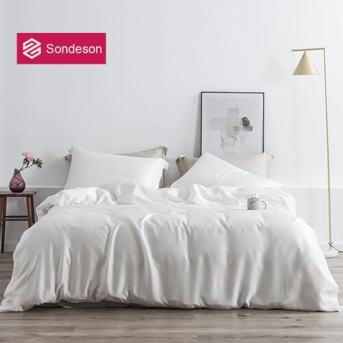 Sondeson White 100% Pure Silk Bedding Set Healthy Skin Beauty Duvet Cover Flat Sheet Fitted Sheet Pillowcase Queen King Bed Set