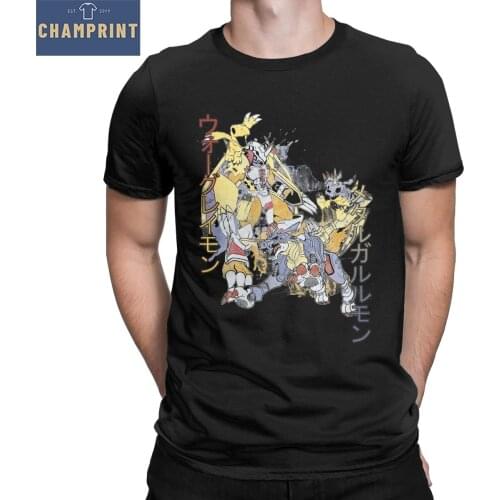 Mens T-Shirt Digimon The Orange Dragon And The Cyborg Wolf Cotton Tees Anime Digital Monster T Shirt O Neck Clothes Plus Size