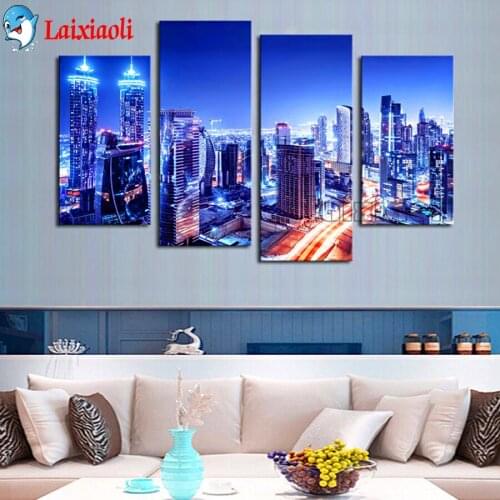 City night 5 d diy painting diamond diamond embroidery building landscape 4 Pcs full square round diamond mosaic Multi-Panel set