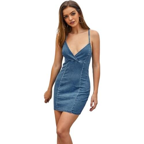 Summer Sexy V Neck Denim Dress Women Strap Cross Backless Bandage Jean Dress Ladies Sleeveless Off Shoulder Bodycon Club Dress