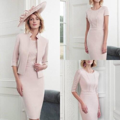 Pink Mother Of The Bride Dresses with Jacket 2019 Plus Size Lace Short Sleeves Wedding Guest Dress Knee Length Evening Gowns