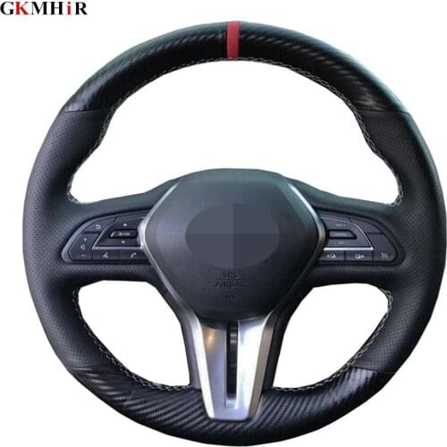 Black Car Steering Wheel Cover Genuine Leather Carbon Fiber Wrap For Infiniti Q50 2018 2019 2020 Q60 2016-2020 QX50 2018-2020